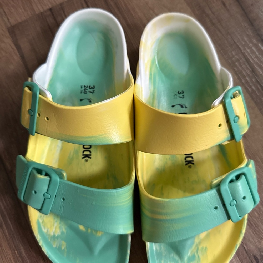 Birkenstock Yellow and Green Slide Sandals sz 37,  US 6-6.5